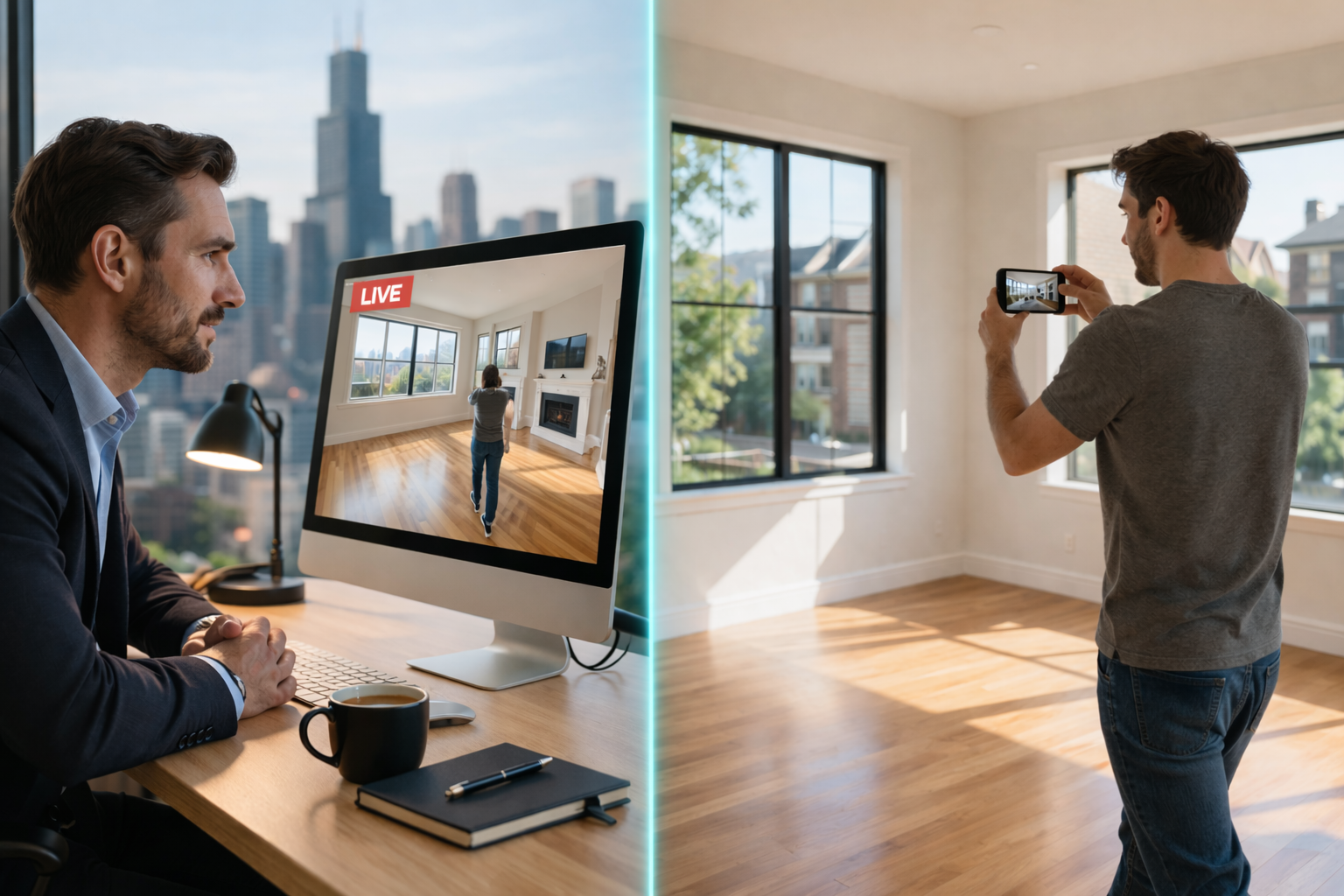 Investor watching a live property walkthrough from his Chicago office while an explorer streams on-site